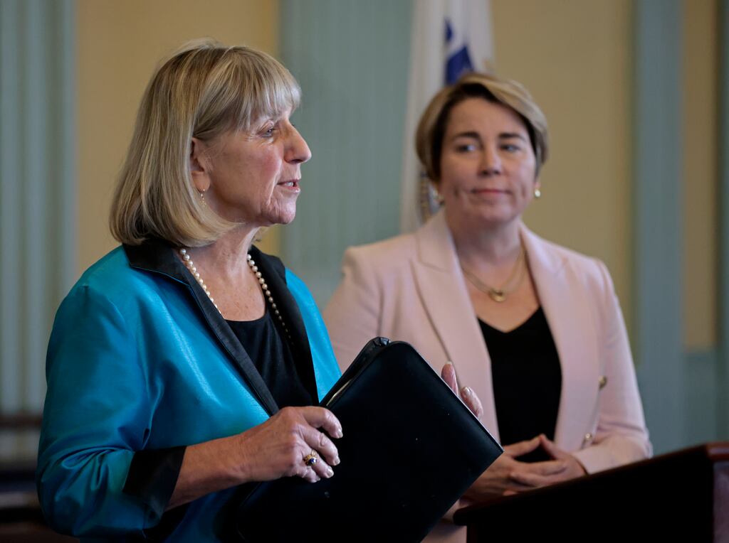 Senate President Karen Spilka, seen here with Governor Maura Healey (at right), wants to offer a tax break to help get multifamily residential projects off the ground.