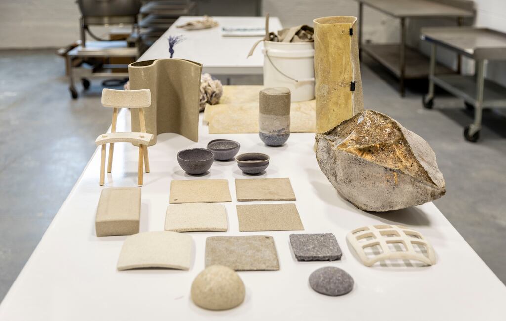 Various products made from discarded seafood shells are displayed at Felicia Neuhof’s new studio in Providence, R.I.