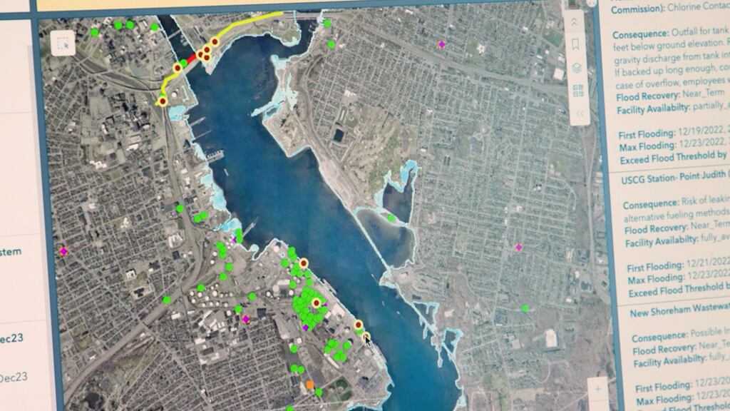 Professor Austin Becker demonstrates the RI-CHAMP tool, which predicts a coastal storm's impact on critical infrastructure.