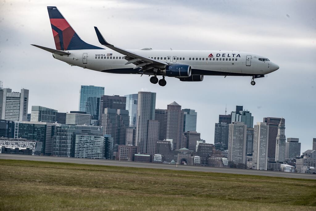 A Delta Air Lines flight arrives at Boston Logan International Airport in 2023.