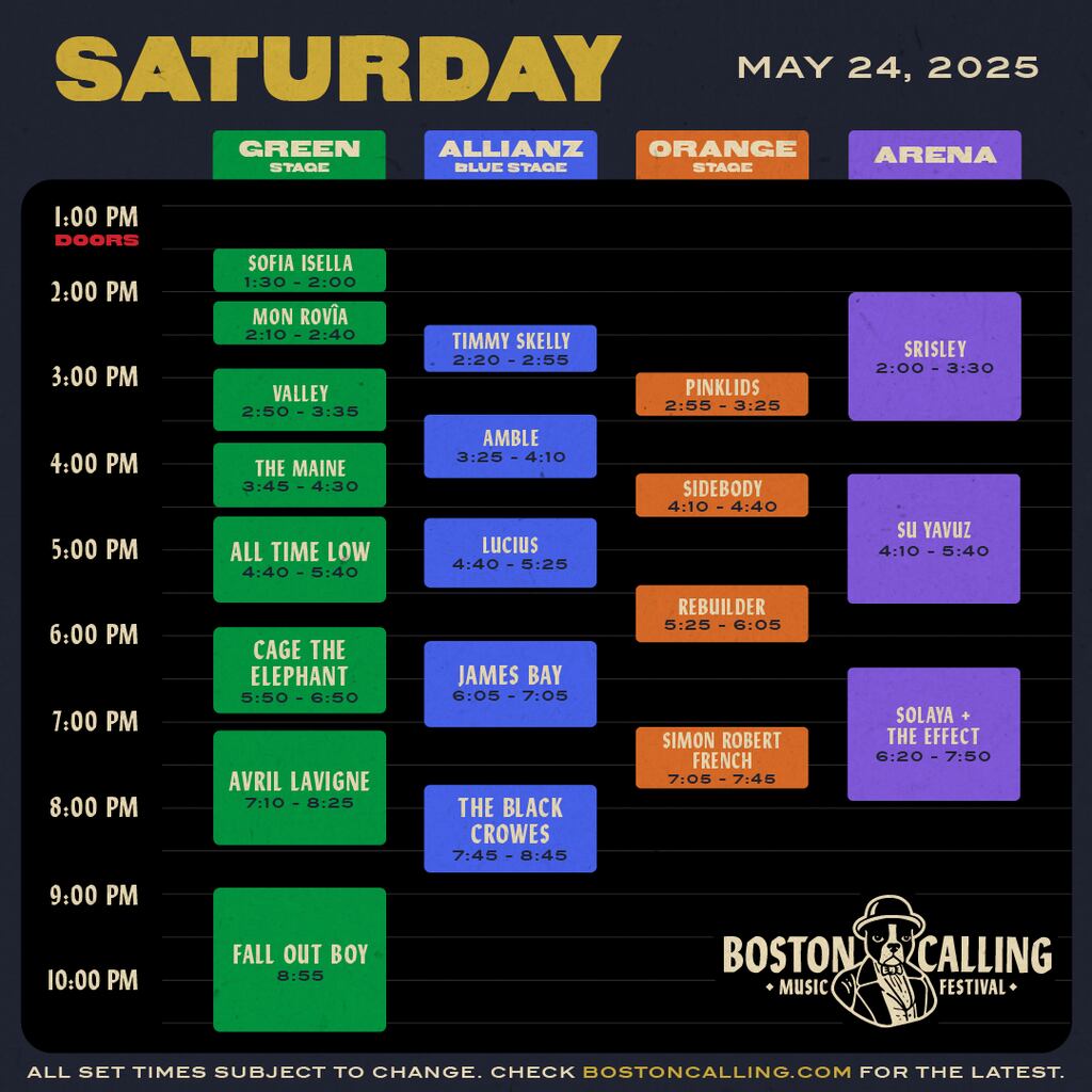 Set times for Saturday.