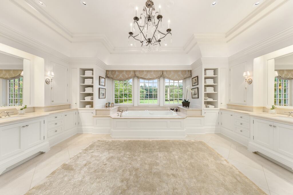 A bathroom in the $38 million home has two sinks and plenty of floor space.
