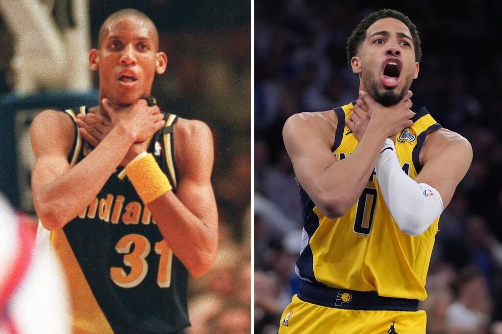 Tyrese Haliburton (right) paid tribute to his Pacers predecessor in Reggie Miller (left).