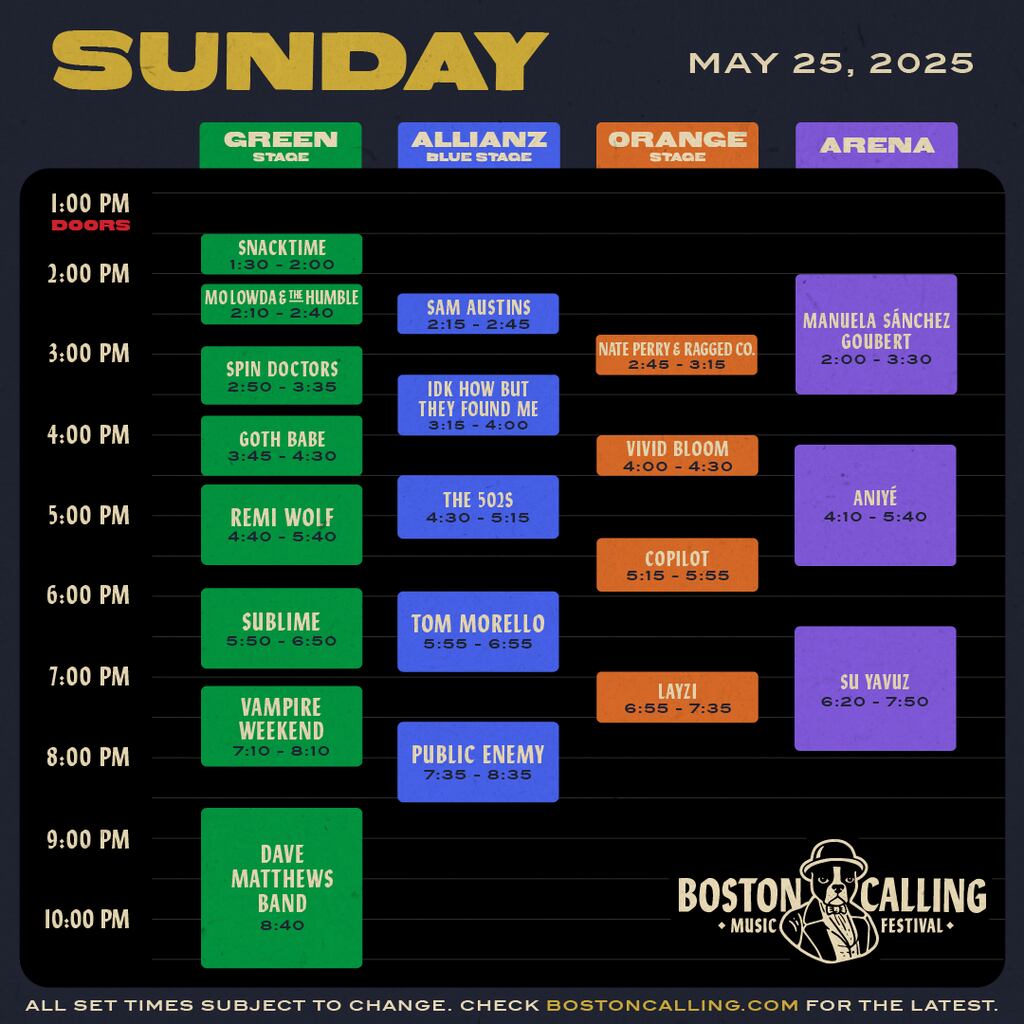 Set times for Sunday.