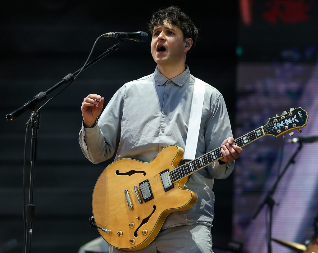 Ezra Koenig, lead singer with Vampire, performed at Boston Calling on Sunday.