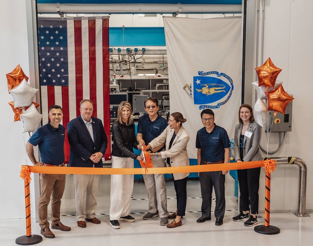 At the AM Batteries ribbon cutting in Billerica (from left to right): Charles Garris, VP of Engineering AM Batteries, Professor Bob Hyers, Department Head for Mechanical & Materials Engineering, WPI, Congresswoman Lori Trahan, Lie Shi, CEO AM Batteries, Interim Secretary for Economic Development Ashley Stolba, Dr Yan Wang, President and Co-Founder AM Batteries, Lily Fitzgerald, Director of Center for Advanced Manufacturing, MassTech.