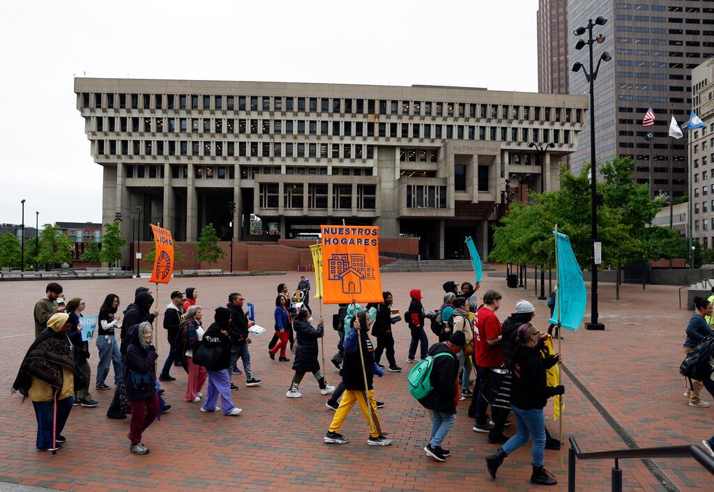 Protesters at Boston City Hall on Tuesday.