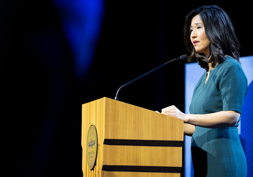 Boston Mayor Michelle Wu delivers the State of the City address at MGM Music Hall on March 19.