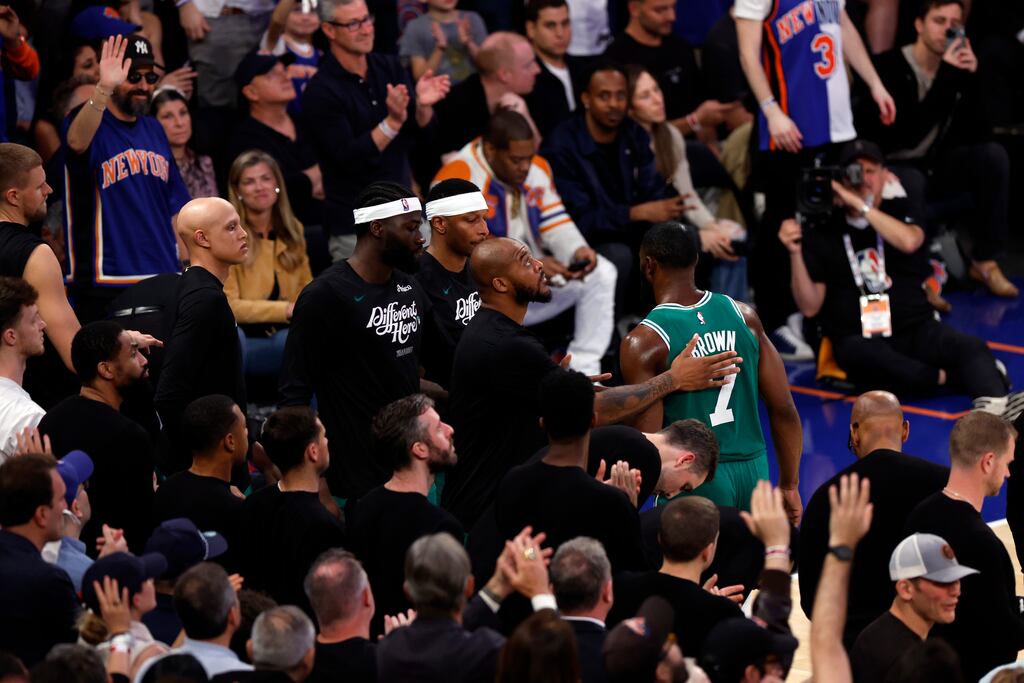The crowd at Madison Square Garden  waves after Celtics guard Jaylen Brown (7) fouls out during the third quarter of Game 6 of the NBA Eastern Conference semifinals.