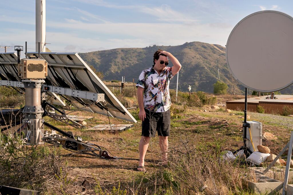 Anduril co-founder Palmer Luckey, a founder of Anduril, among the equipment at his company’s testing in Southern California.