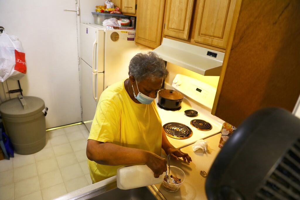 Annie Gordon in her Mattapan apartment in June 2020.