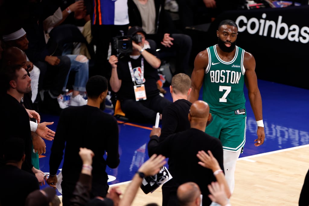 Jaylen Brown (7) kept the Celtics afloat in Game 6, until he fouled out in the disastrous third quarter in New York. 