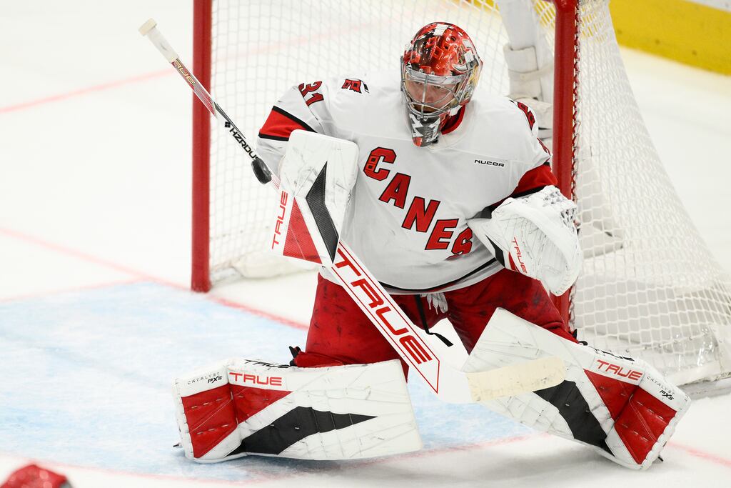 Hurricanes goaltender Frederik Andersen leads the league with a 1.36 goals-against average and a .937 save percentage in the playoffs this season.