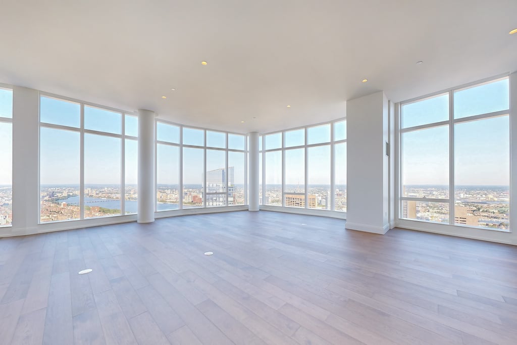 The living room at 240 Devonshire St., PH1A, in Boston.