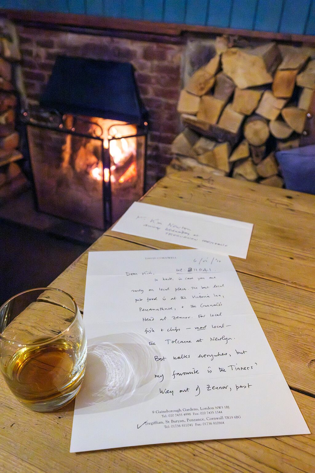 A letter from David Cornwell describing his favorite spots in Cornwall, taken at The Gurnard’s Head Inn.