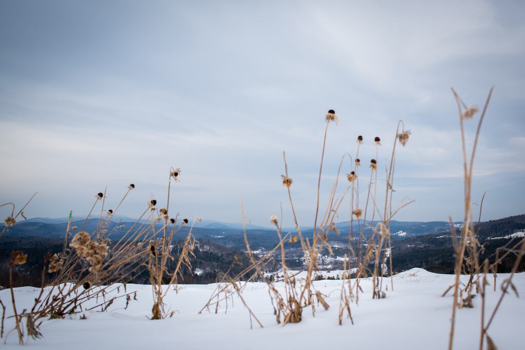 The retreat overlooks a mountain range, seen in January.